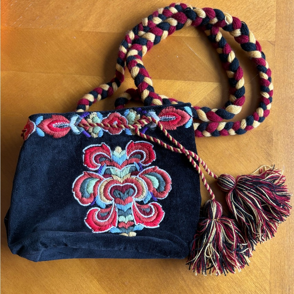 Pyramid Collection Boho Whimsigoth Velour Embroidered Pouch Handbag w Tassels